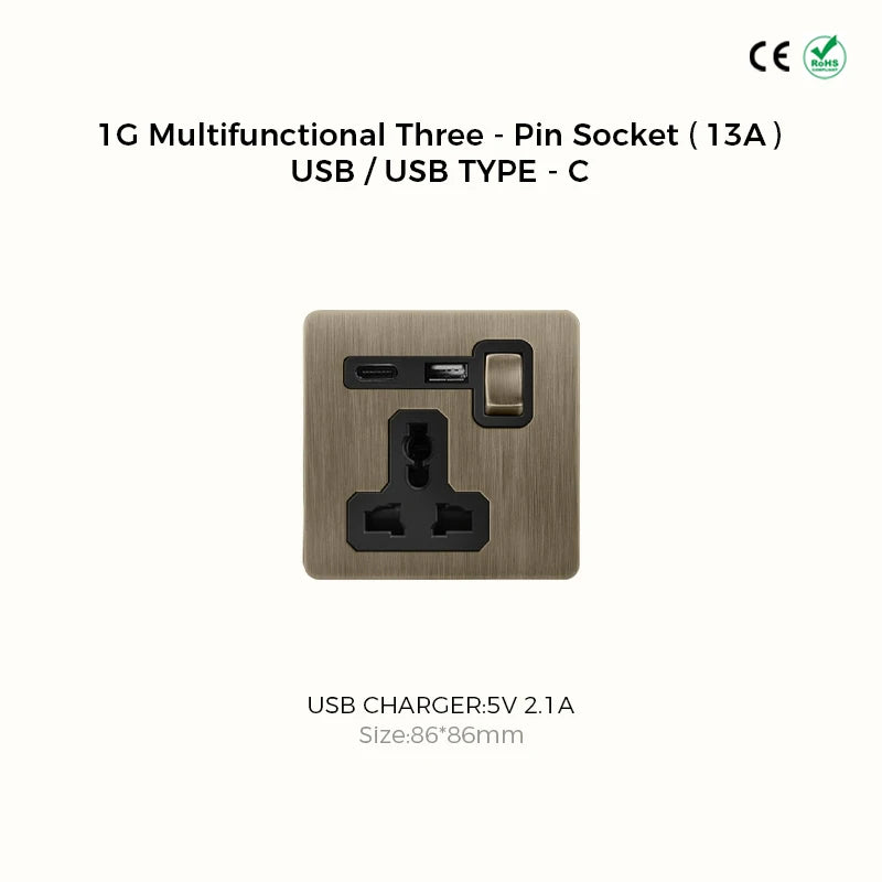 Avoir Bronze Brushed Toggle Switch 1-4 Gang 2 Way Metal Lever Wall Light Switches Standard Plug Adapter Electric Socket With Usb