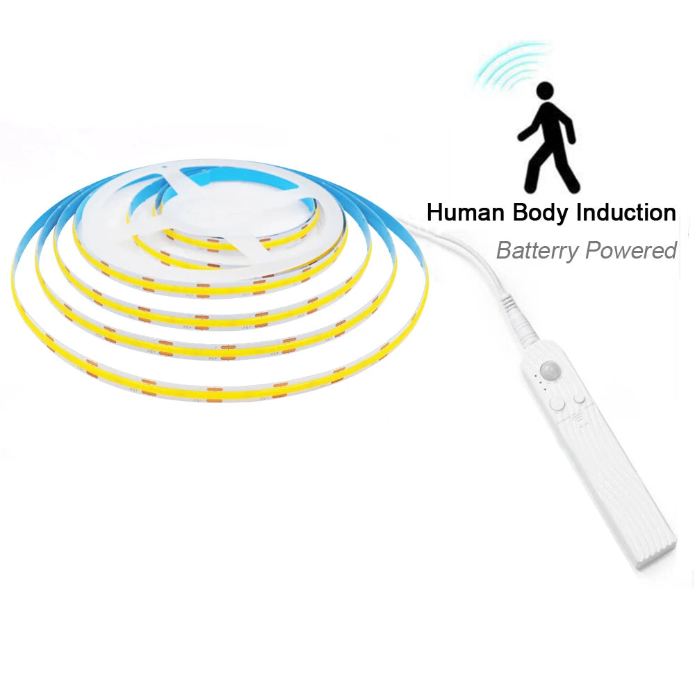5V Motion Sensor Nigth Light COB Led Strip USB Battery Power 3mm 5mm 8mm PCB 320 LEDs Flex Lamp for Under Cabinet Kitchen Stairs