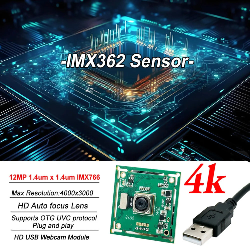 HD Autofocus 12MP 4K 4000 x 3000 Mjpeg Mini USB2.0 Webcam Board CMOS IMX362 Sensor UVC OTG USB Webcam Module For Windows Android