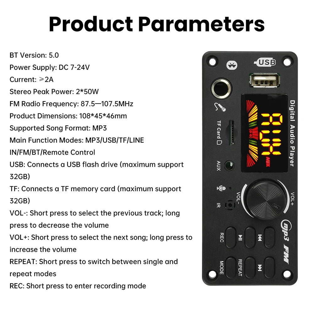 DC 7-24V MP3 Audio Decoder Module Bluetooth 5.0 Lossless Amplifier Decoder Board Music Playback Volume Controller 87.5-107.5MHz