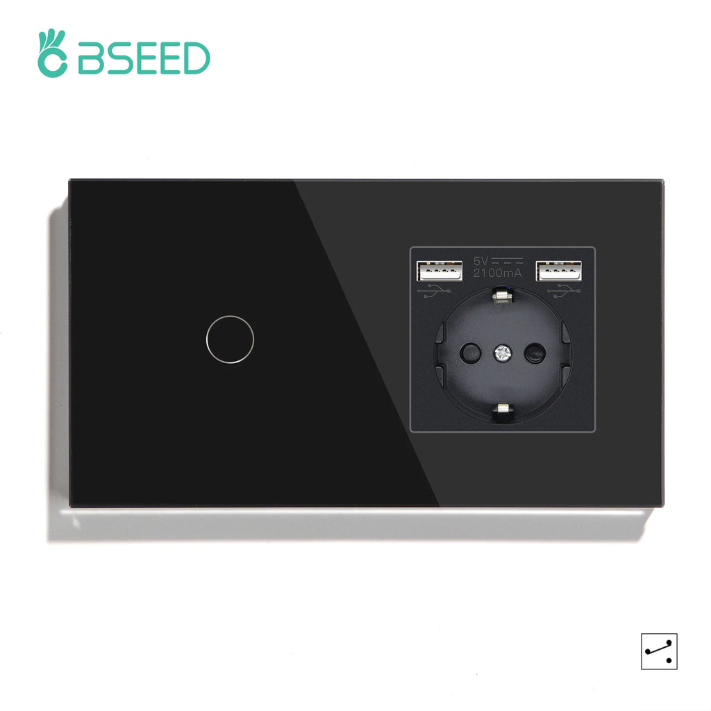 BSEED EU Standard 1/2/3Gang 2Way Wall Touch Switch Light Sensor Switches Wall Socket USB Type-C Crystal Glass Panel 240V Black