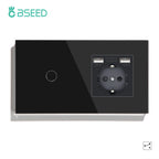 BSEED EU Standard 1/2/3Gang 2Way Wall Touch Switch Light Sensor Switches Wall Socket USB Type-C Crystal Glass Panel 240V Black