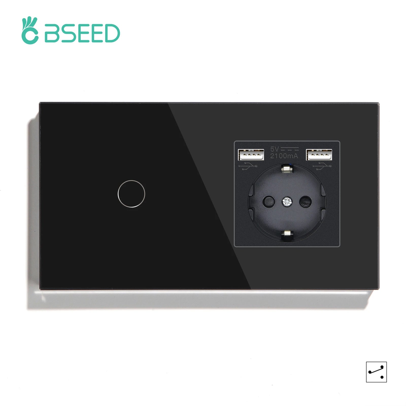 BSEED EU Standard 1/2/3Gang 2Way Wall Touch Switch Light Sensor Switches Wall Socket USB Type-C Crystal Glass Panel 240V Black
