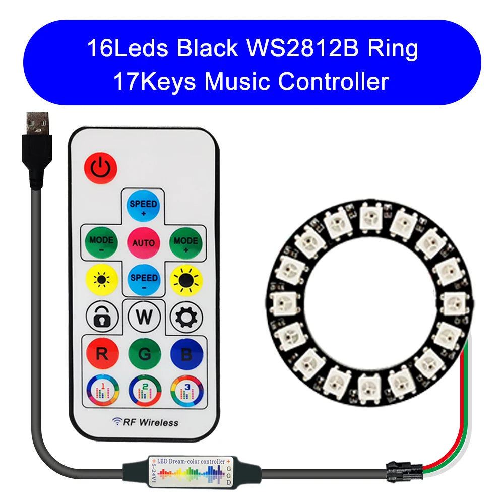 DC5V WS2812B DIY LED Ring 8 to 241 Pixels 5050 RGB Individually Addressable WS2812 Round Modules With 17Keys Music RF Controller