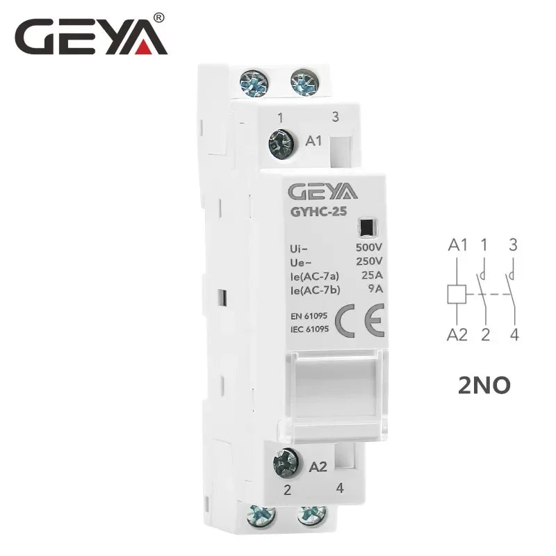 GEYA Din Rail Mounted Household Modular AC Contactor for Smart Home/Hotel - AC220V, 2P, 16A/20A/25A, 2NC/2NO/1NO1NC, 50/60Hz