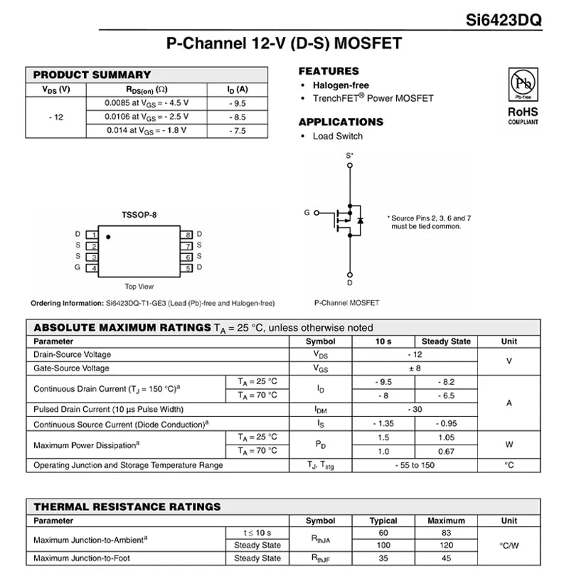 5PCS SI6423DQ-T1-E3 TSSOP-8 code 423 SI6423DQ 6423 P-channel 12-V (D-S) MOSFET field-effect transistor