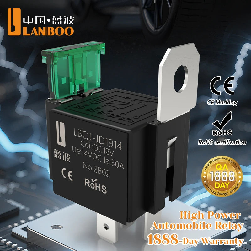 LANBOO High Current Car/Auto Relay 12V 24V 30A with 4PIN/5PIN Applications include lighting control and horn control.