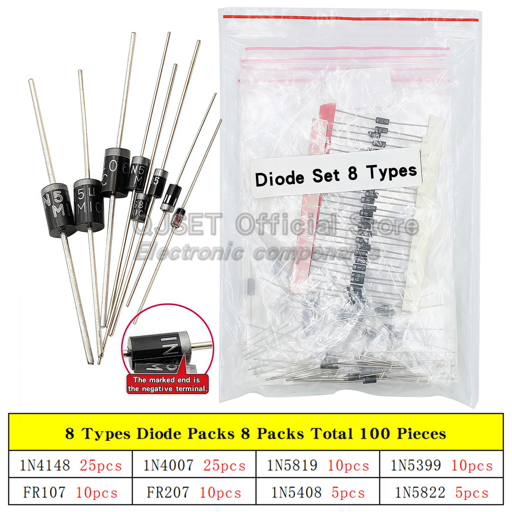 100/140/150pcs DIP Diode Set 1W 3V 3.3v 3.6v 3.9 4.3V-30V Zener Diode Pack IN5408 1N4007 1N4148 1N5819 FR107 IN5399 FR207 IN5822
