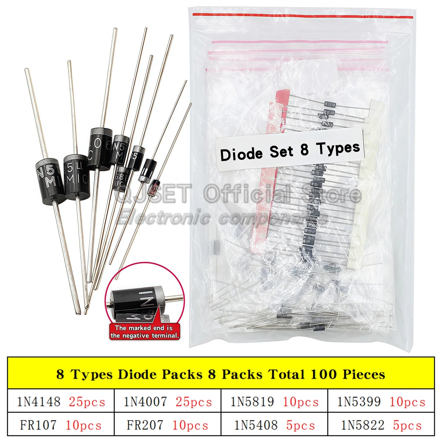 100/140/150pcs DIP Diode Set 1W 3V 3.3v 3.6v 3.9 4.3V-30V Zener Diode Pack IN5408 1N4007 1N4148 1N5819 FR107 IN5399 FR207 IN5822