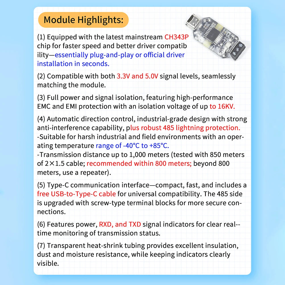 CH343P module 6Mbps USB to RS485 Isolated Converter Industrial Grade Type-C Interface 16KV Isolation Dustproof USB to TTL serial