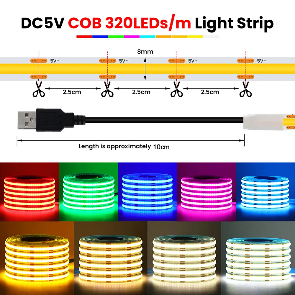 5V USB 3MM 5MM PCB COB LED Strip Light White/Red/Green/Pink/Ice Blue/Yellow TV Backlights DC5V 320Led Flex Night Lamp Home Decor