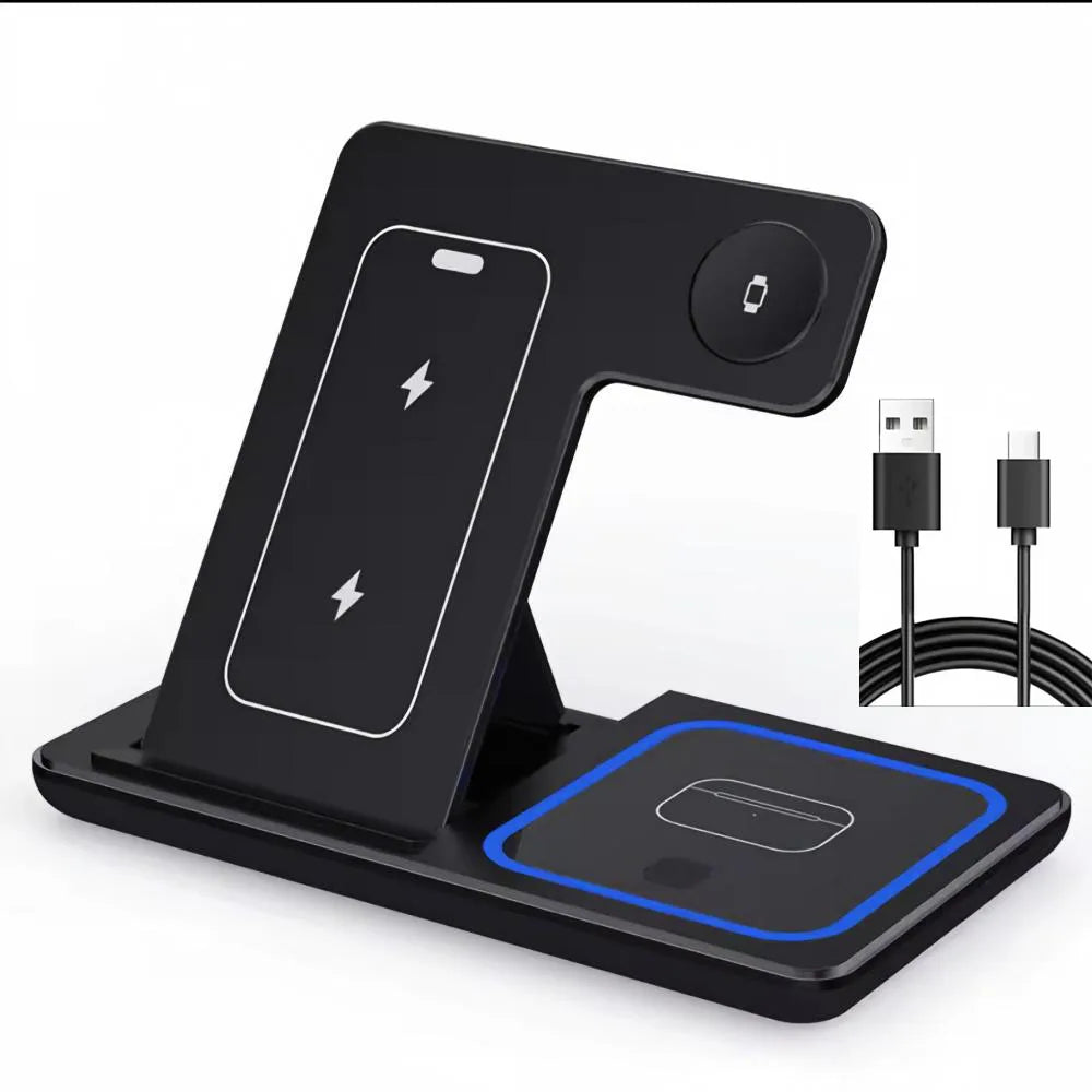 Fast Wireless Charger Charging Station 3-in-1 with Foldable Stand for Samsung iPhone 17 16 15 18 14 13 12 Apple Watch 9 8 7 Airpods, Professional for Xiaomi Huawei Type C Data Cable
