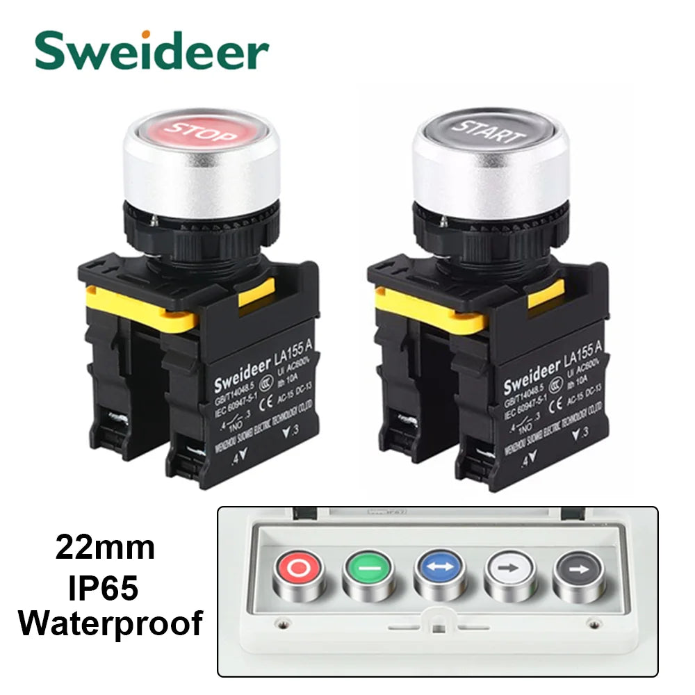 22mm Button Switch Waterproof Momentary Self Reset Self Locking Flat Head Start Stop Arrow Symbol Power Push Button Switch 10A