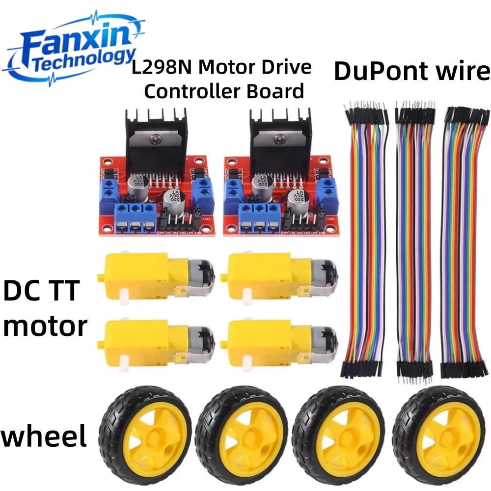 DIY L298N Module, Motors, Wheels, Dupont Line, L298N + Motors + Wheels + 3 Kinds of DuPont Lines with 20 Pins Each in 20CM