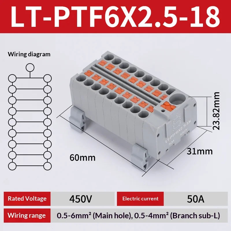 Push-in Terminal Block PTF6X2.5mm One in Multiple Out Splitter Spliceable Wire Connectors DIN Rail Junction Box Electrical Joint
