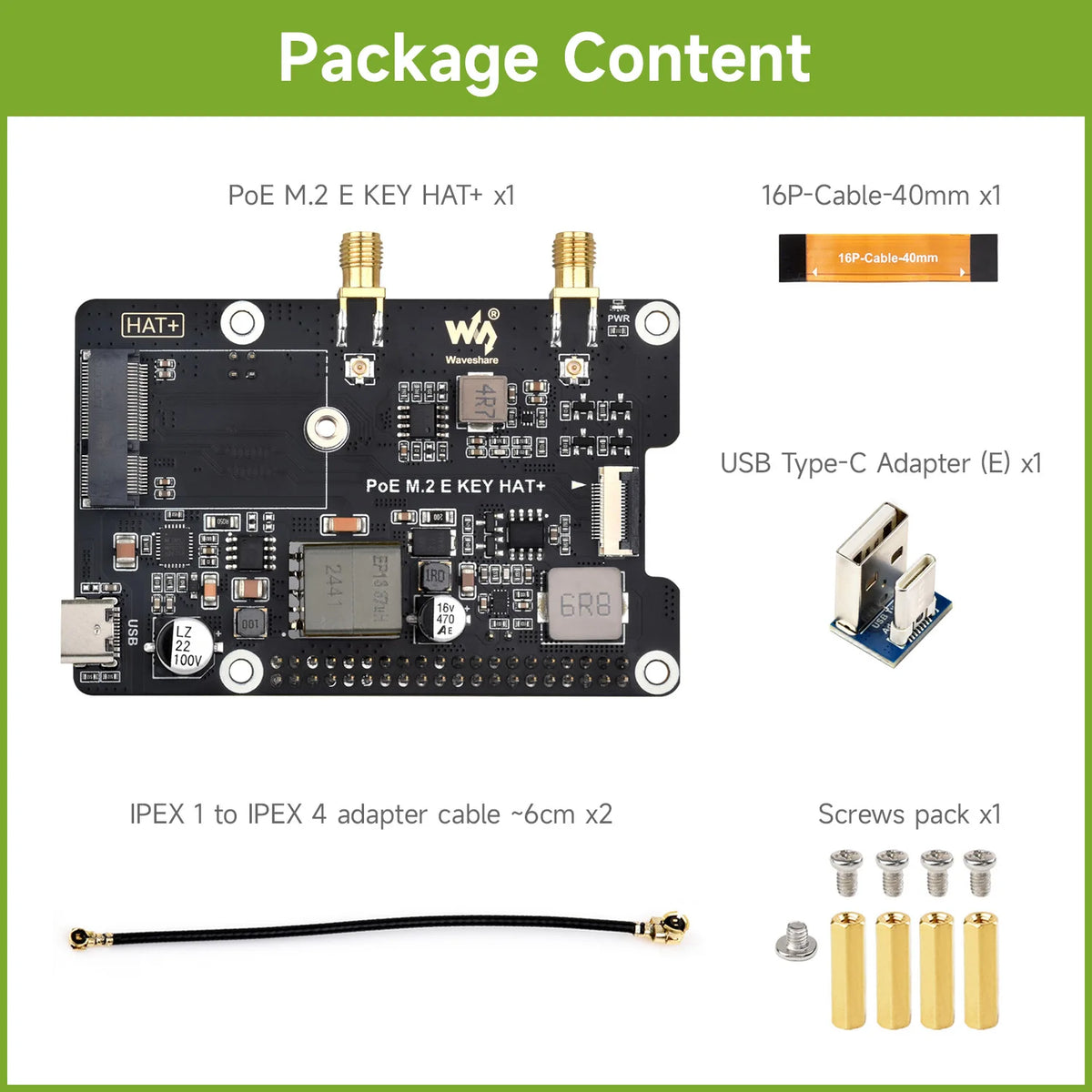 Waveshare PCIe To M.2 E KEY Adapter With PoE Function, Compatible With NGFF (M.2 E Key) Wireless NIC, Raspberry Pi 5 PCIe HAT