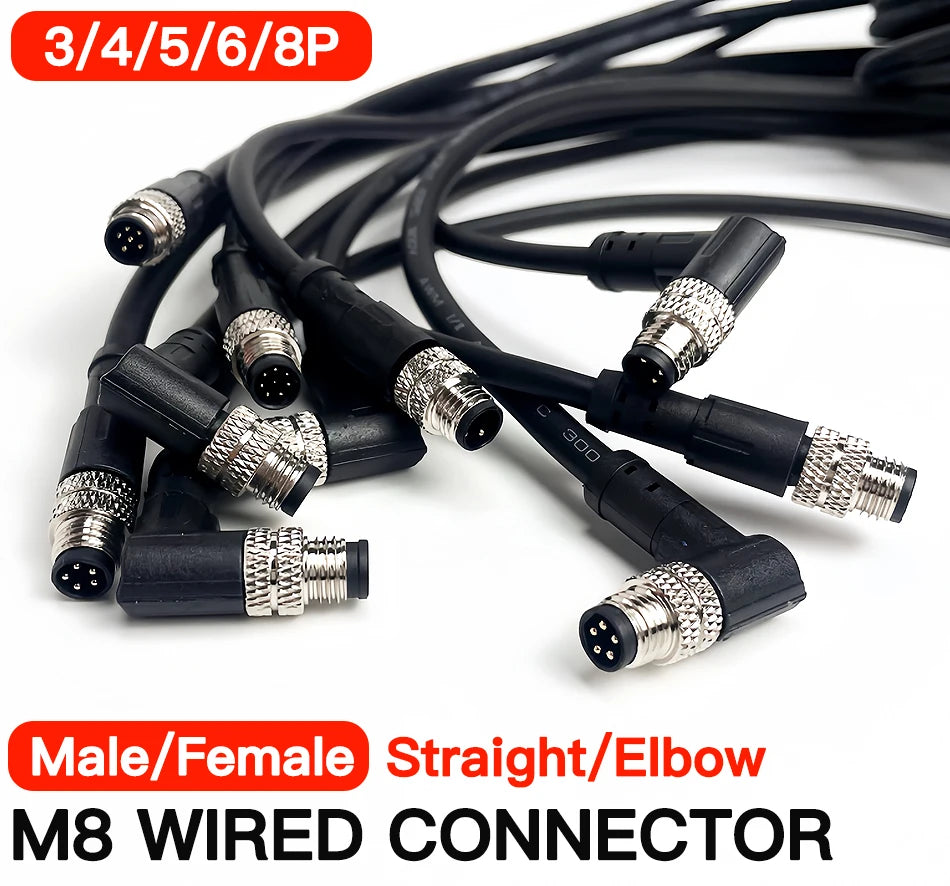 2Meters Waterproof M8 Sensor Connector, Male & Female 3/4/5/6/8 Pin, Integrated Injection Molding Industrial Cable Plug