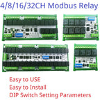 4-32CH 10A 20A DC 12V 24V RS485 Bus Relay Module DIP Setup Parameters Modbus RTU Serial Port UART Switch Board HMI PLC