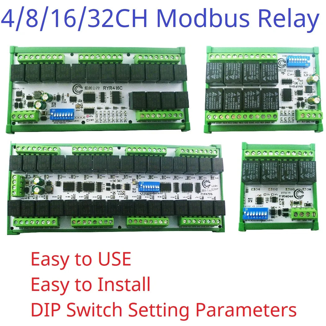 4-32CH 10A 20A DC 12V 24V RS485 Bus Relay Module DIP Setup Parameters Modbus RTU Serial Port UART Switch Board HMI PLC