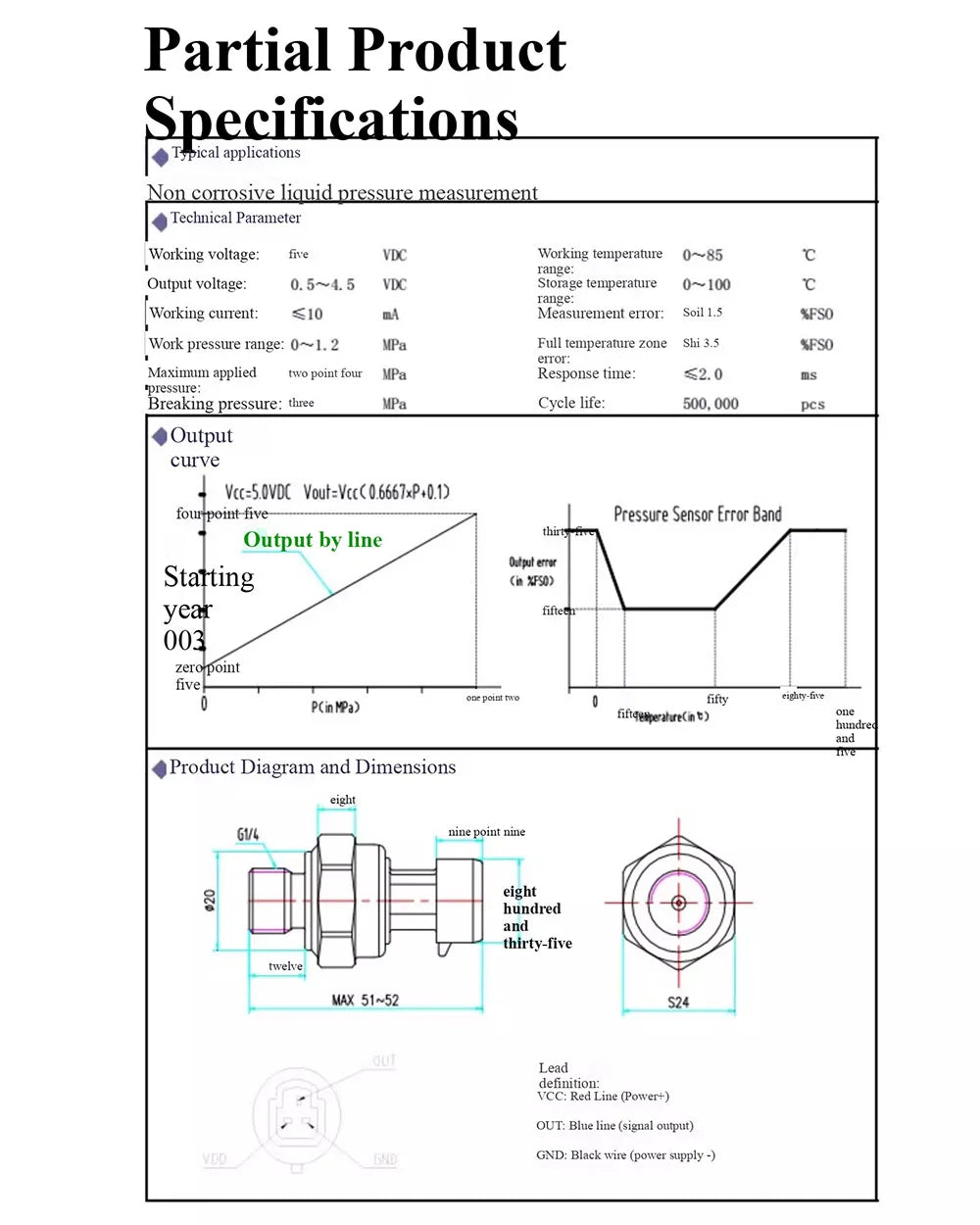 G1/4 DC5V 0-1.2 MPa Pressure Sensor Transducer Oil Fuel Diesel Gas Water Air Pressure Transducer With 19cm Cable