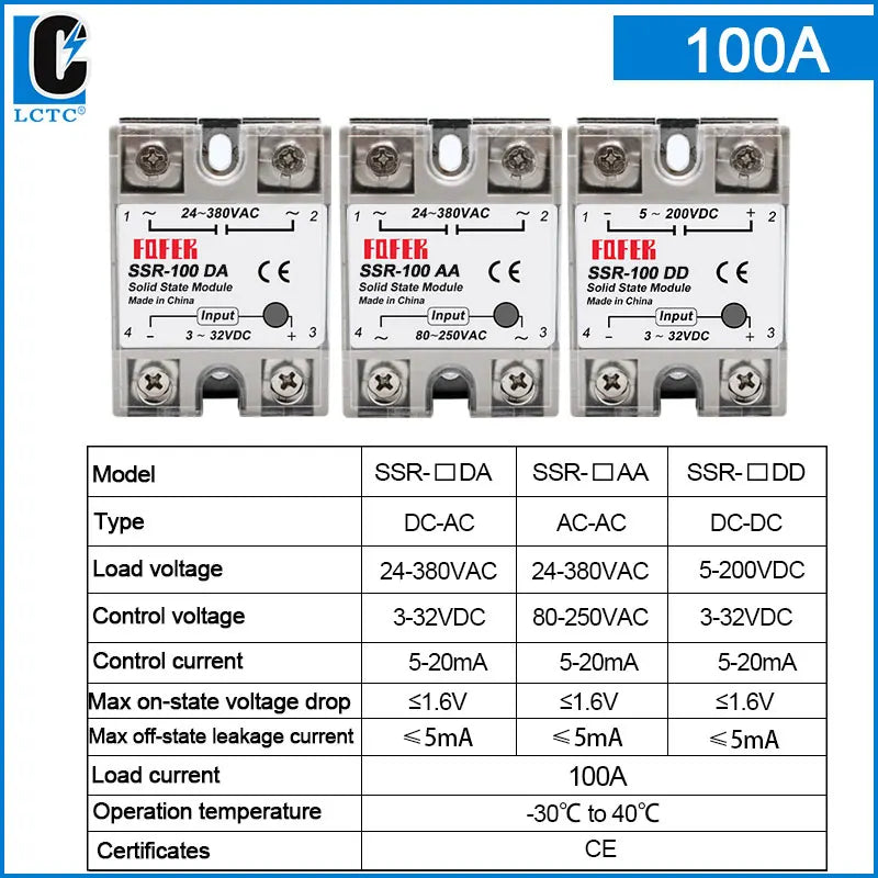 LCTC 1pcs Solid State Relay Single Phase Non-contact SSR DC To DC AC To AC DC To AC 24-380VAC 10A 25A 40A 50A 60A 80A 100A