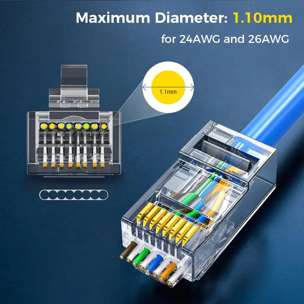 RJ45 Connector CAT6 Pass Through Connectors Crystal End Gold-Plated 8P8C Crimp UTP Standard Ethernet Network Modular Plug