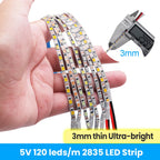 5V 2835 LED Strip Light 3mm 5mm 8mm PCB Width 120Leds/m Flexible LED Tape Ribbon Diode USB/2PIN Wire Led Lights for Room Decor
