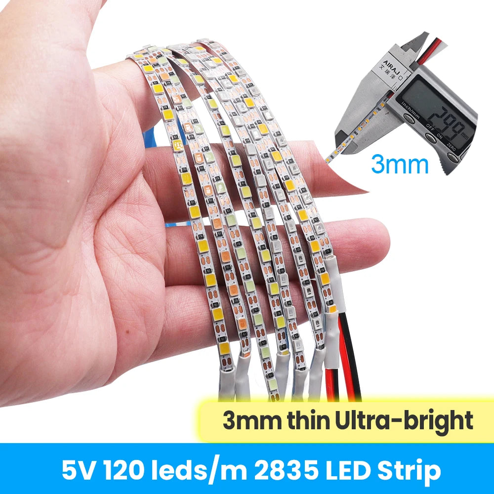 5V 2835 LED Strip Light 3mm 5mm 8mm PCB Width 120Leds/m Flexible LED Tape Ribbon Diode USB/2PIN Wire Led Lights for Room Decor