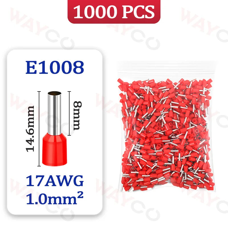 1000PCS Tubular Crimp Terminals Electrical Wire Cable Ferrules Connectors E0508 E7508 E1008 E1508 E2508 E4009 E6012 Ring Sleeve