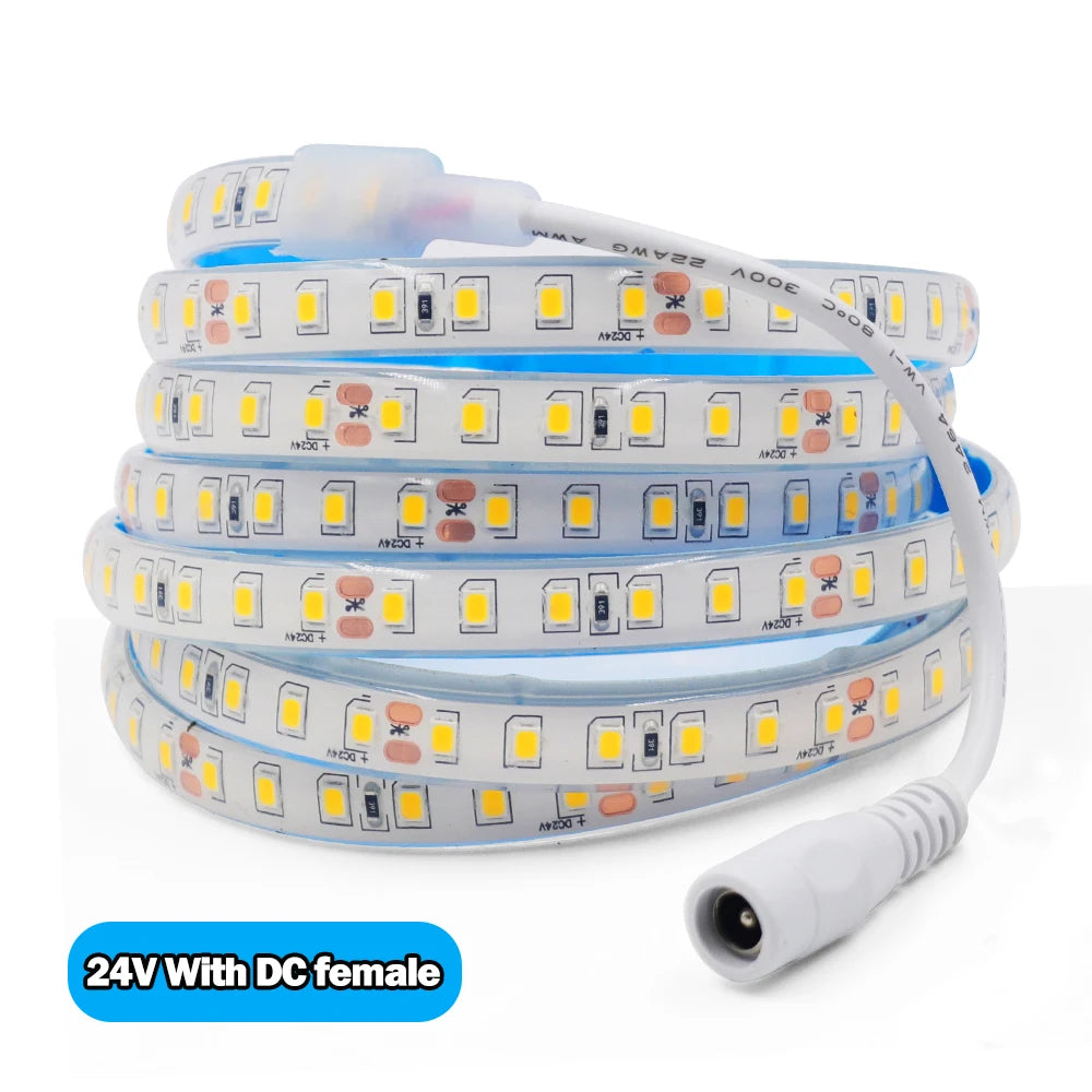 IP68 Waterproof LED Strip Light 2835 12V 24V 120LED/m with 2-pin Wire/ DC Plug Flexible Adhesive Tape 3000k/4500K/6000K 1M-20M