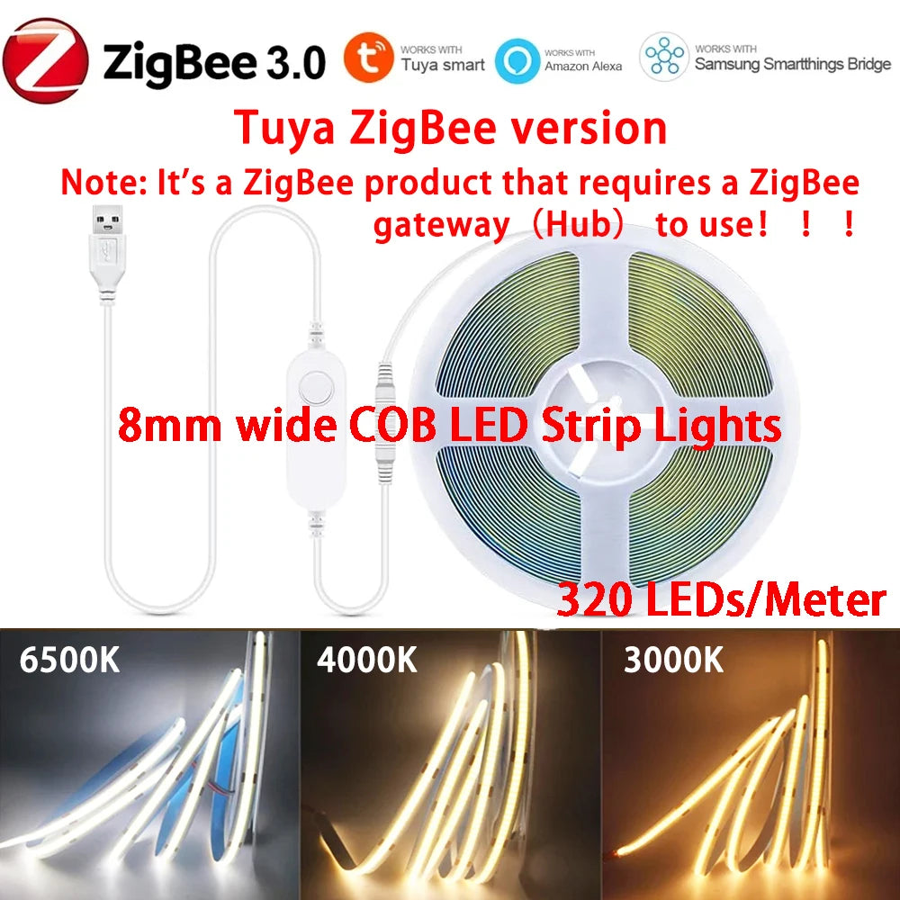 5V USB Tuya WiFi Tuya Zigbee 3.0 Warm White COB LED Strip Light Flexible Dimmable 8mm Width 320leds/m 4mm Width 480leds/m RA90