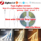 5V USB Tuya WiFi Tuya Zigbee 3.0 Warm White COB LED Strip Light Flexible Dimmable 8mm Width 320leds/m 4mm Width 480leds/m RA90