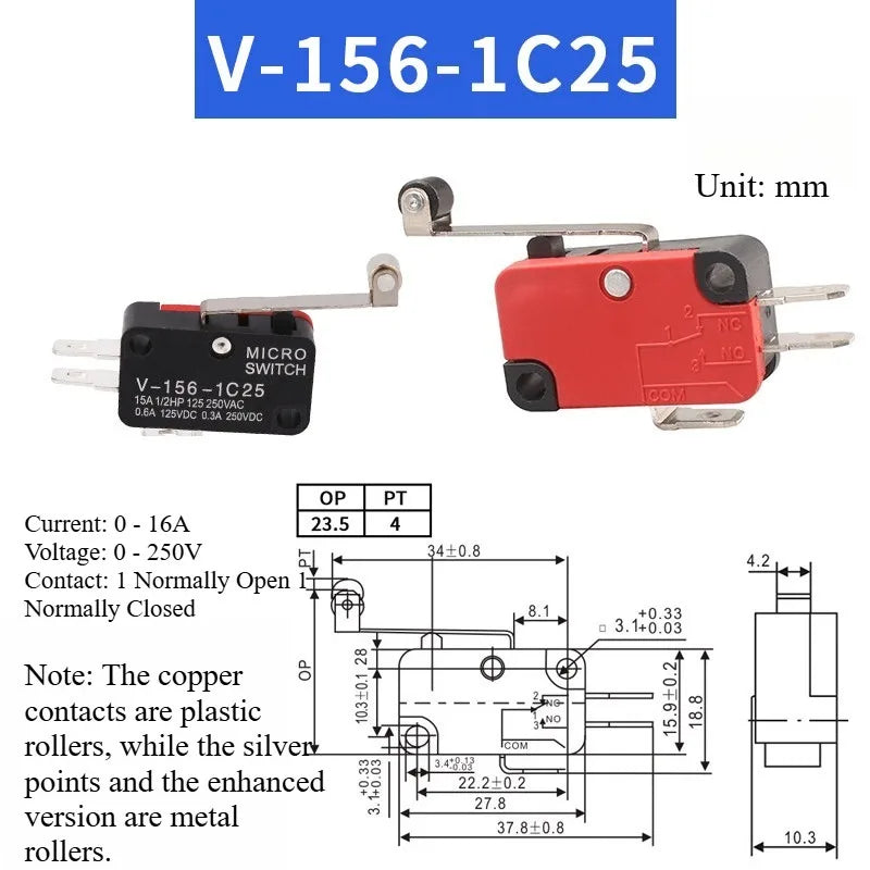 5pcs Travel Limit Switch Micro Switch Self-resetting V-152-1C25 3-pin Miniature Push Button Tactile Microswitch V-152 V-153 V-15