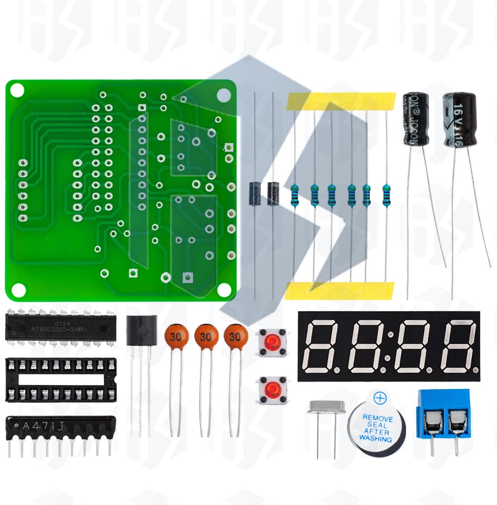 ‌AT89C2051-24PU 8051 Microcontroller LED Clock Kit – 4-Digit 7-Segment DIY Soldering Project with DS1307 RTC (I²C) | Alarm/Timer