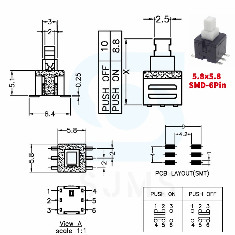 10PCS 5.8x5.8 7x7 8x8 8.5x8.5mm Non-Self-Locking / Self-Locking Switch / UNlock Push 6 Pin Tactile Power Micro Button Switches