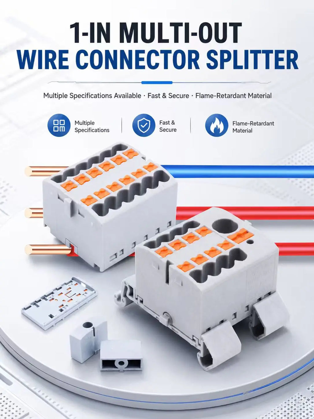 Distribution Terminal Block 1 In 12 Out DIN Rail Push In Electrical Connection Strip 41A 690V Copper Busbar Power Distributor