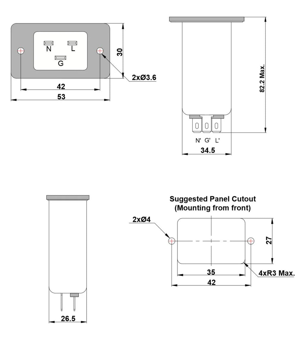 Buddy IEC 320 C20 Male Socket Panel Mount Power Line EMI Filter 20A Rated Industrial Plug with Socket