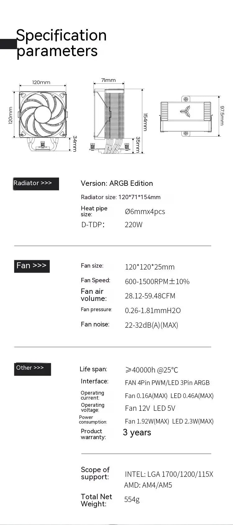JONSBO CR-1000EVO CPU Cooler 120mm ARGB PWM CPU Cooling Fan 4 Heat Pipes TDP 220W Radiator For intel LGA 115X 1200 1700 AM4 AM5