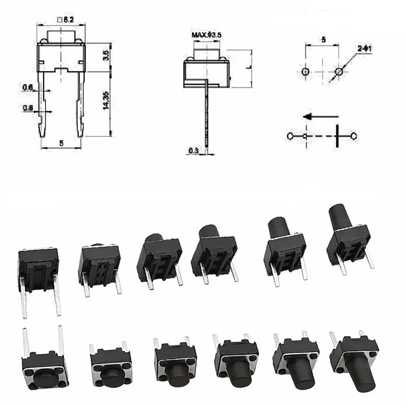 1Box 6x6mm 12x12mm Tactile Tact Push Button Mini Micro Switch Kit PCB Momentary Self-reset Switches DIP 2Pin 4Pin ON/OFF