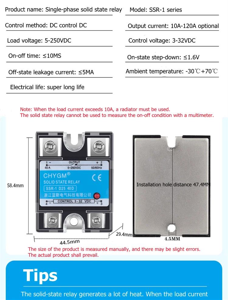 SSR-10DD/25DD/40DD/50DD/60DD/75DD/80DD/90DD DC Control DC SSR Single Phase Solid State Relay 5-220VDC 3-32VDC Solid State Relay