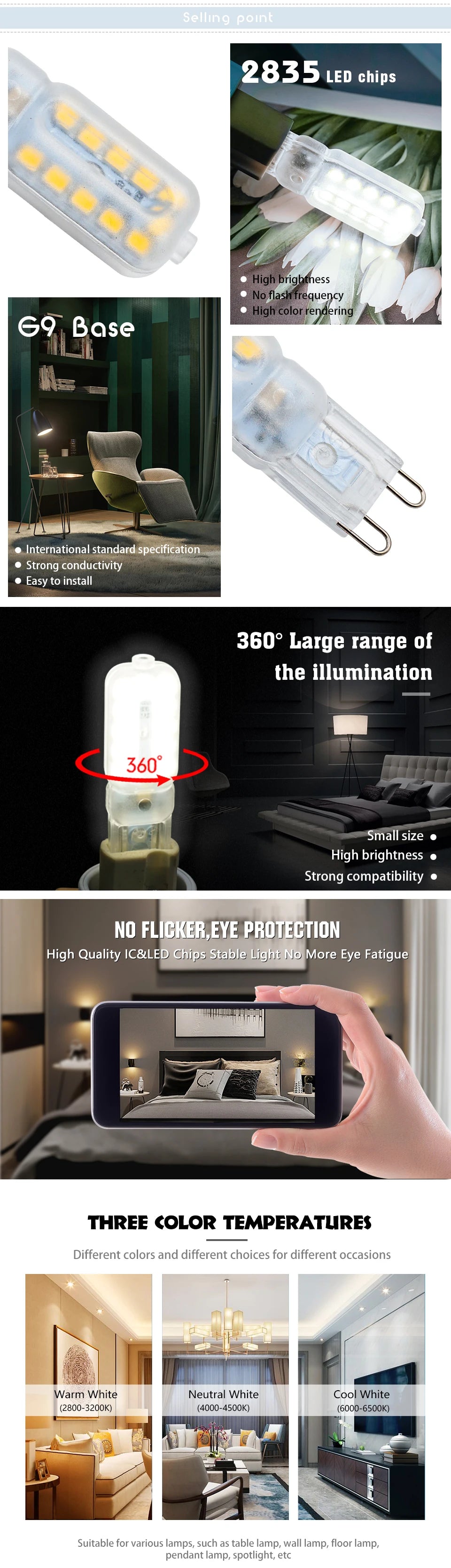 10pcs/lot G9 LED Light Bulb 220V 3W 5W 7W Cold/Warm/Natural White Spotlight for Crystal Chandelier Replace Halogen Lamp Lighting