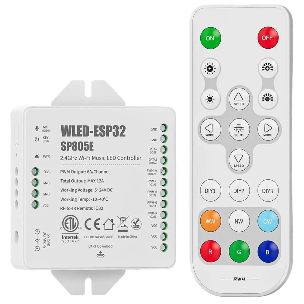 SP805E ESP32 WLED Controller WiFi Music LED Controller for Addressable WS2811 WS2812 WS2814 WS2815 SK6812 PWM CCT RGB Cob Strips