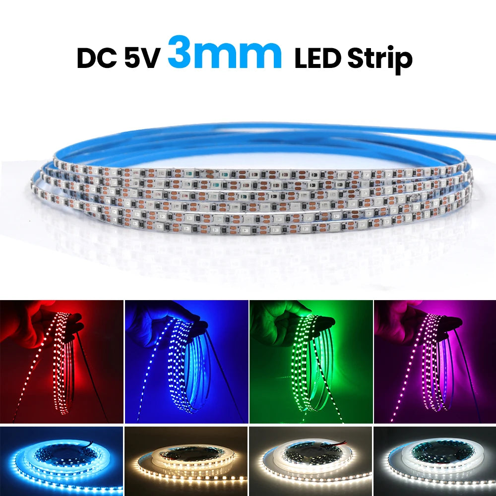 5V 2835 LED Strip Light 3mm 5mm 8mm PCB Width 120Leds/m Flexible LED Tape Ribbon Diode USB/2PIN Wire Led Lights for Room Decor