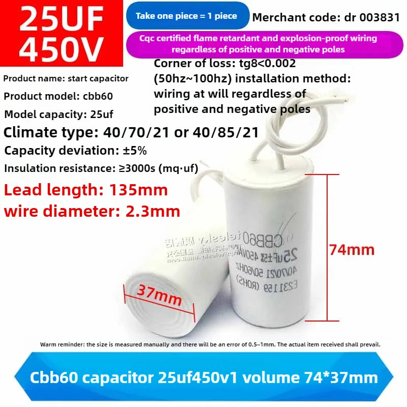 CBB60 Capacitor 450V AC Motor Run Capacitors 3/4/5/6/8/10/12/14/15/16/18/20/30/35/40/50/60/70UF for Washing Machine, Water Pump