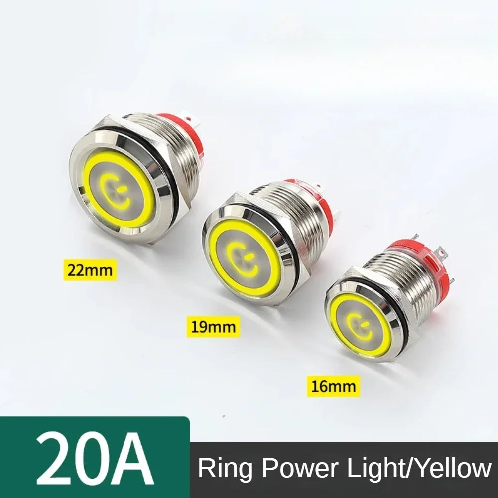16/19/22mm 20A High Current Metal Push Button Switch IP67 Waterproof LED Light Momentary Latching Car Engine Power Switch Red
