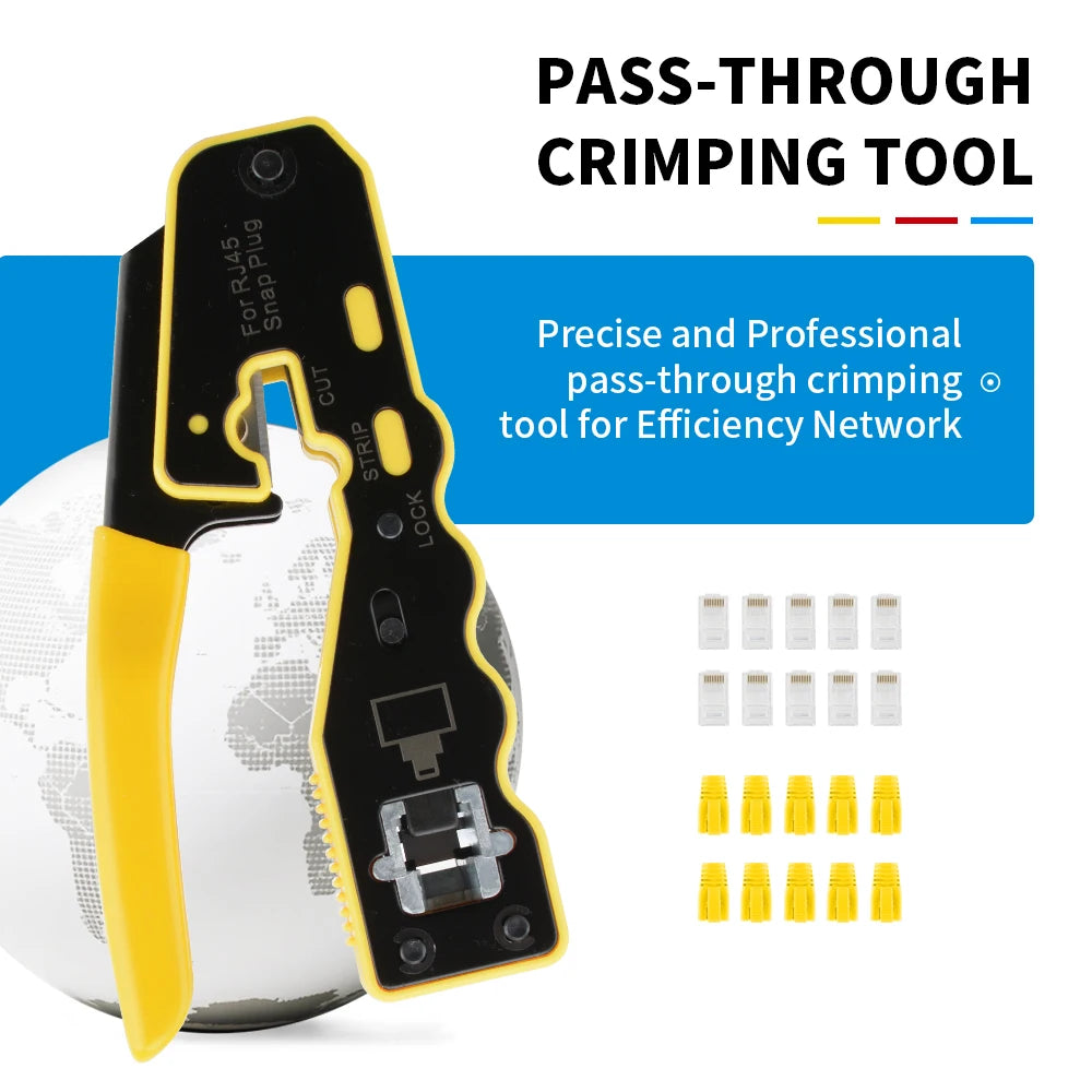 Cat6 Pass Through Network Tool Kit RJ45 Crimping Plier, Stripper, Single Row Cat6 Connectors 8P Boots EVA Case