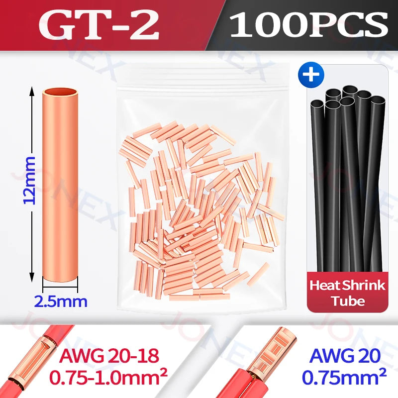 100PCS GT Copper Terminal Connectors Electrical Wire Cable Crimp Connecting Tubular Ferrules or for Lugs Have Heat Shrink Tubing
