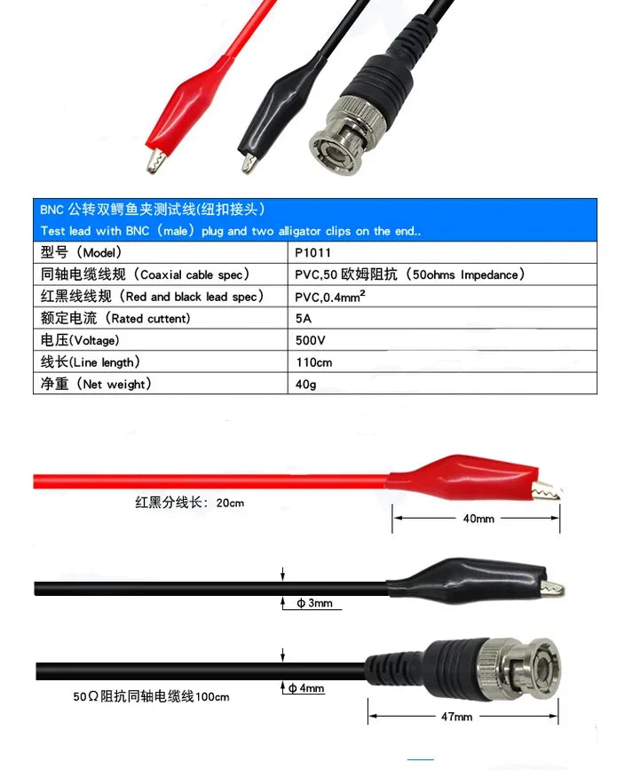 P1011 Digital Oscilloscope BNC Probe Test Leads 50 ohm Coaxial Q9 Male Plug to Dual Alligator Crocodile Clip Test Line Cable