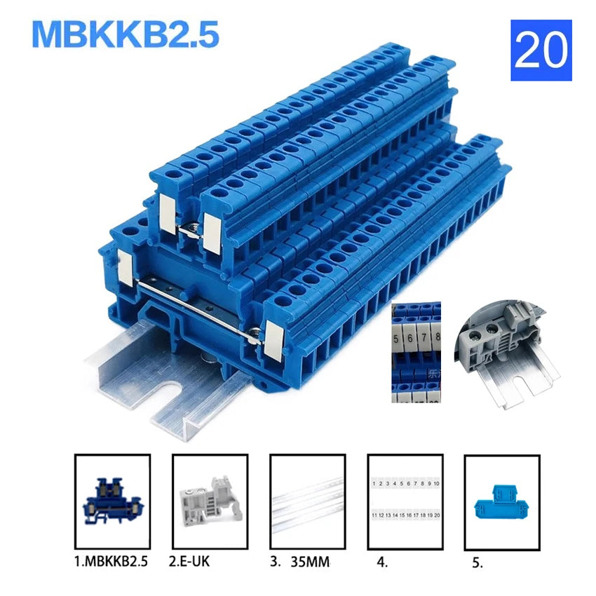 MBKKB2.5 MBKKB-2.5 Double Layer Screw Clamp DIN Rail Terminal Blocks Kit Set 500V 24A