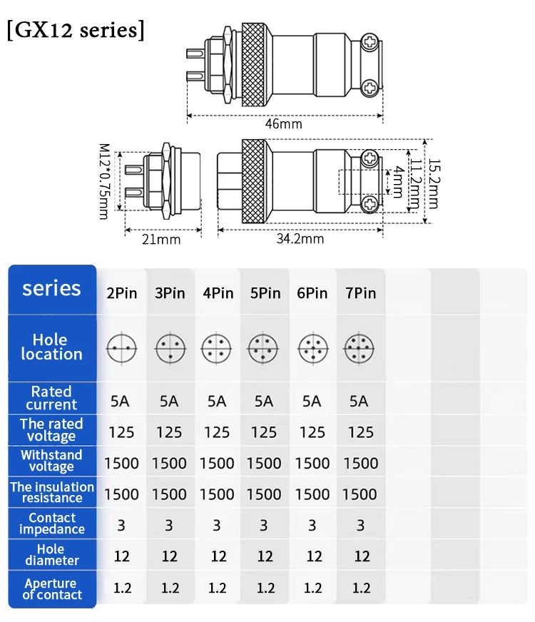 5Pcs GX12 Aviation Connector Plug Socket 2/3/4/5/6/7 Pin Male Female Panel Mount 12mm Circular Metal Wire Adapter Nut Type